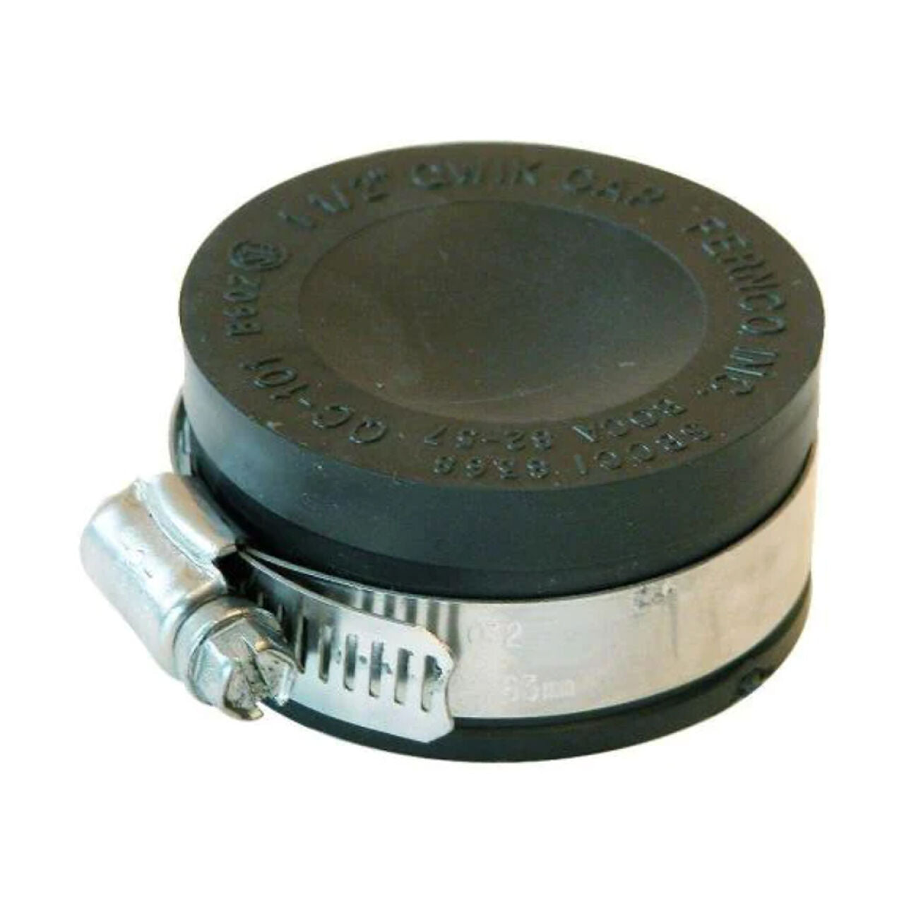 The Go Build 1-1/2 in. PVC DWV Flexible Cap is a black pipe cap with raised text and a stainless steel screw-tightening clamp, designed to seal the end of pipes.